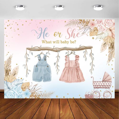 Withu Boho Gender Reveal Backdrop for Photography He Or She Blue Pink Cute Clothes Floral Flowers Boy or Girl Baby Shower Party Background Decorations Banner 6x4ft