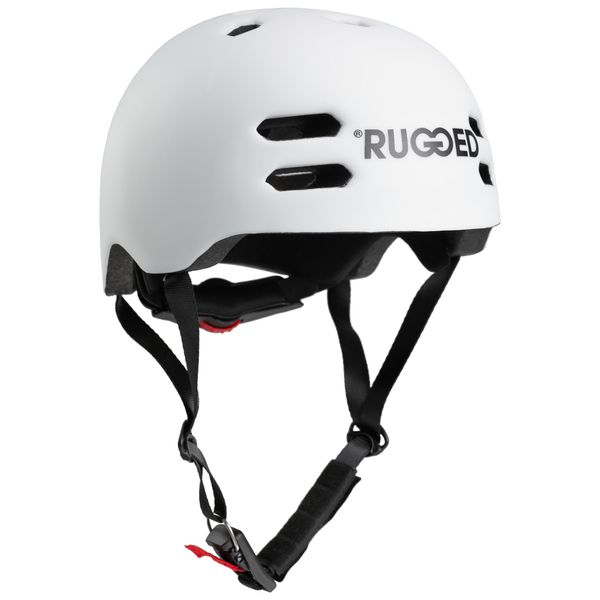 Rugged Leichter Inmold Helm I Grössenverstellbar I Magnetverschluss I belüftet für Stunt-Scooter I Skateboard I Inlineskates I Fahrrad I BMX I Dirt I E-Scooter (Weiß, L = (58-61cm)