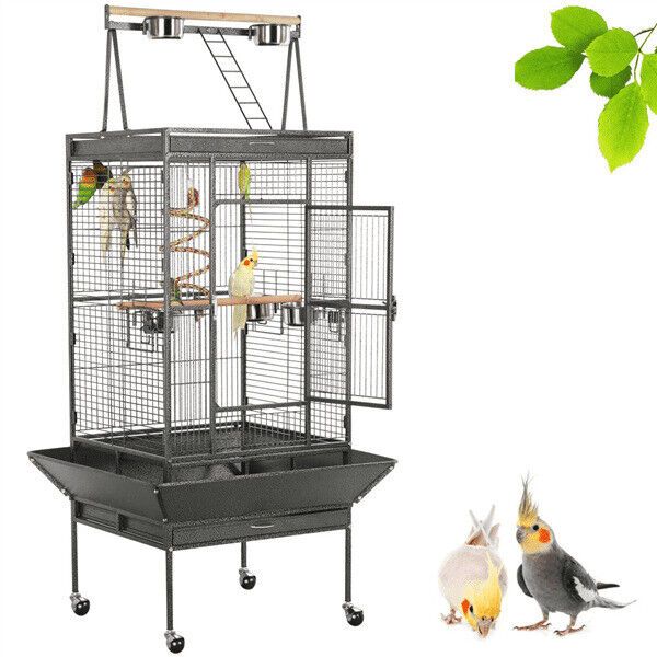 68.5" Rolling Metal Large Bird Parrot Finch Cage w/ Play Top for Pet Birds Stand