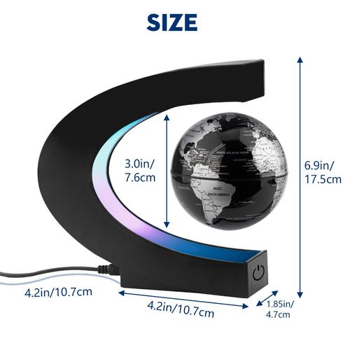 Surplex Floating World Globe with Colored LED Lights C Shape, Magnetic Field Levitation World Map Globe Gravity Educational, Home/Office Desk Decoration Birthday Present for Kids, Black, With UK Plug