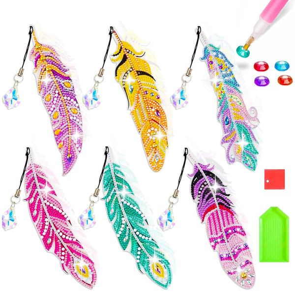 Jiosdo Arts and Crafts Kits for Kids Age 7 8 9 10, DIY Diamond Art Kids Craft Kits with Crystal Pendant, 5D Diamond Painting Bookmarks Feather Shape, Gifts for 8 9 10 11 Year Olds Girls (6 PCS)