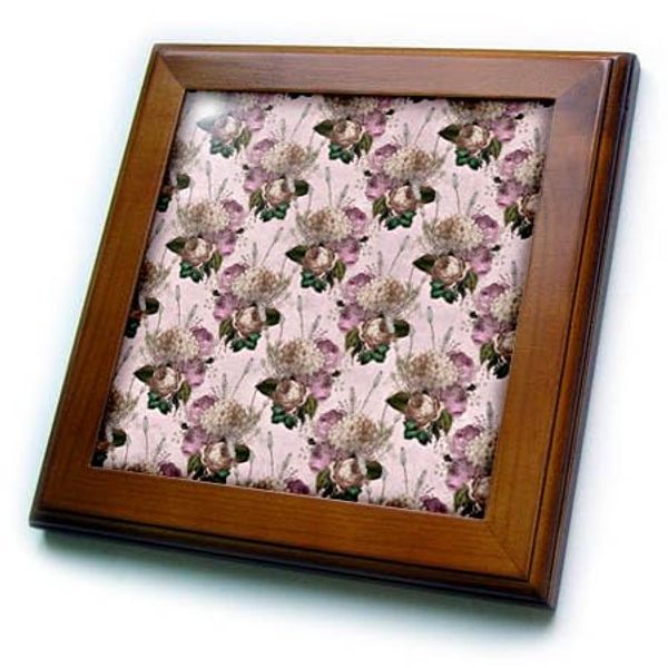 3dRose 8x8 Framed Tile - Pretty Pink and Cream Hydrangea Floral Pattern Patterns