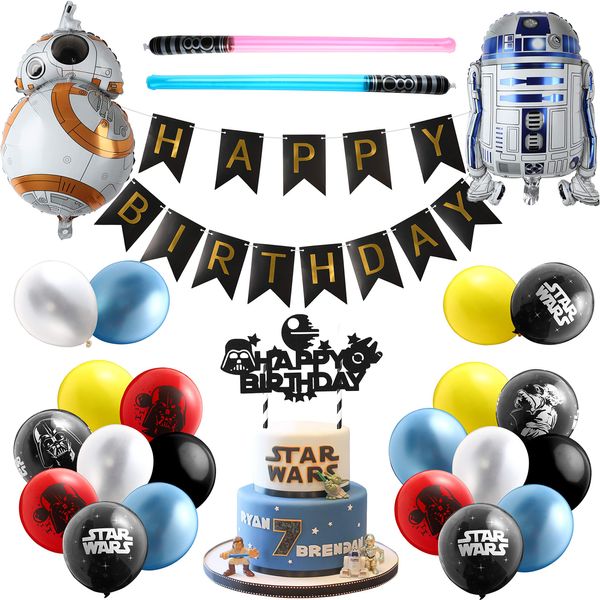 Haooryx 35PCS Galaxy Wars Birthday Party Favor Supplies for Kids, Black Series Birthday Banner Darth Vader Cake Topper Decoration Latex Balloons War Lightsaber BB8 Robot Aluminum Foil balloons