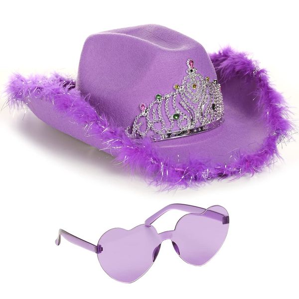 Funcredible Purple Tiara Cowboy Hat and Glasses - Fluffy Cowgirl Hat - Feather Cowboy Hats for Women - Cowgirl Costume Accessories