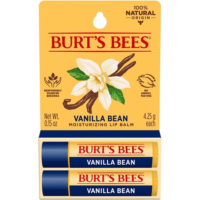 Burt's Bees Lip Balm Easter Basket Stuffers - Vanilla Bean, Lip Moisturizer With Responsibly Sourced Beeswax, Tint-Free, Natural Conditioning Lip Treatment, 2 Tubes, 0.15 oz.