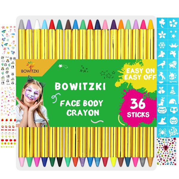 Bowitzki Face Paint Crayons for Kids 36 Colors Jumbo Body Painting Marker Sticks Makeup Crayons Kit with Face Painting Stencils Nail Sticker Jewels