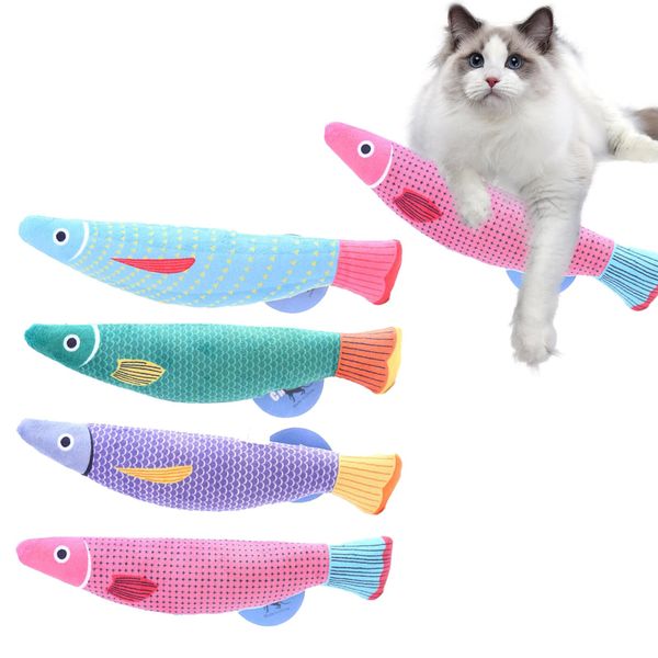 Kinwodon Catnip Toys for Cats, 4 Pcs Cat Chew Toys Bite Resistant Catnip Toys with Bell Inside, Interactive Plush Cat Pillow Cartoon Fish Catnip Cat Chew Toy for Indoor Pets Flopping/Flipping/Moving