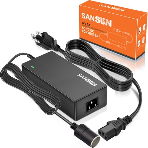 AC to DC Converter 5A Car Cigarette Lighter Socket, SANSUN 120V to 12V Supply Adapter Transformer for Electric Air Pump, Car Fan and Other Devices Under 60W (5A)