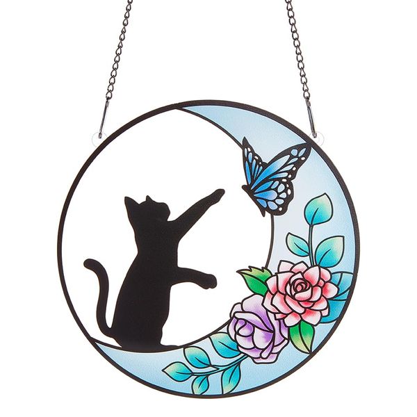 PLIGREAT Suncatchers Moon Cat Acrylic Stained Glass Sun Catcher Summer Hanging Ornament for Bedroom Living Room Patio Wall Pediments Window Decoration Garden Tree Decor Housewarming Memorial Gifts