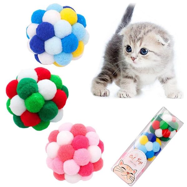 SamHeng Cat Toy Balls, 3 Pcs Colorful Pom Pom Balls Cat Toys with Bells, Pet Soft Plush Bouncy Ball Toys Interactive Toys for Puppy Cats Kitten Indoor Outdoor Playing Chewing Scratching Exercise