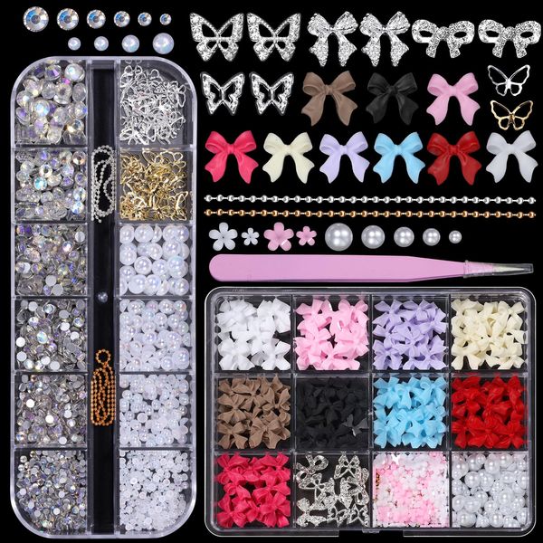 2 Boxes Mixed 3D Nail Charms and Rhinetones, Color Flower Bow Nail Art Charms, Half Round Pearl Flatback AB Nail Gems, Butterfly Alloy Nail Charms DIY Nail Art Supplies Accessories