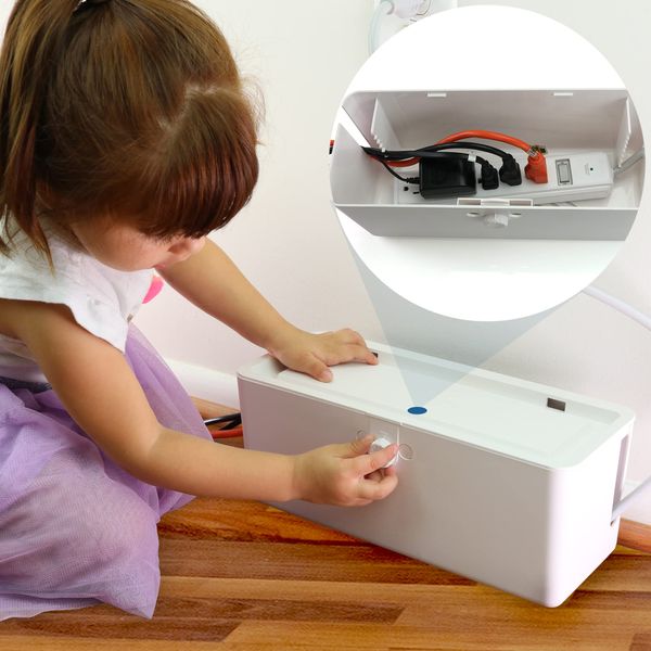 Power Strip Cover Box - Effectively Baby Proofs Power Strip on Floor or Wall. Large 13" with Double Lock, Convenient Side Openings for Cords & Cables. Protects Small Hands & Fingers