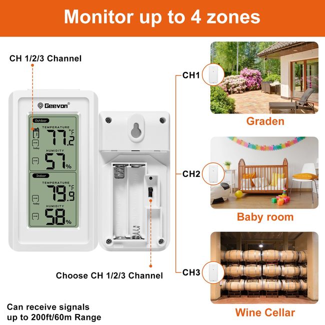 GEEVON Indoor Outdoor Thermometer Wireless Digital Thermometer Room  Temperature Gauge with Time, High and Lows, 200ft/60m Range Temperature