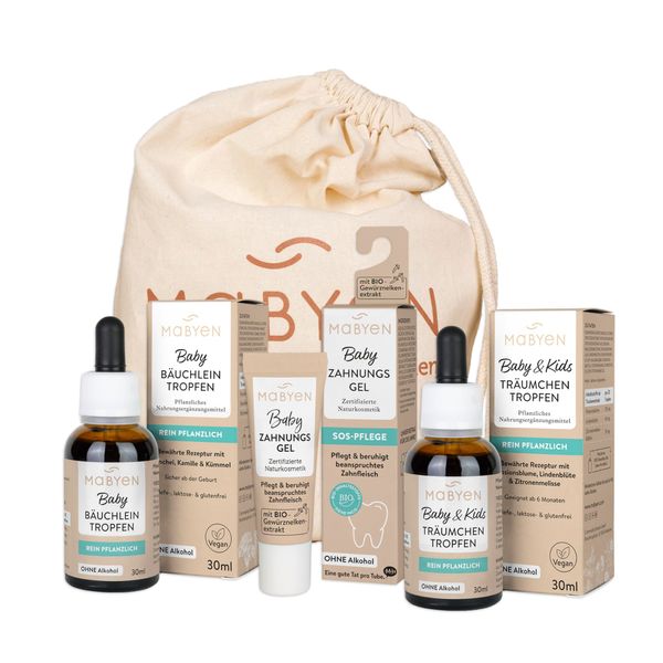 MABYEN Baby Feel-Good Set, Natural Cosmetics, Sugar-Free, Alcohol-free, Vegan, Baby Care, Gift Set, 3 Products + Fabric Bag, 1 x Teething Gel, 1 x Belly Drops, 1 x Dream Drops