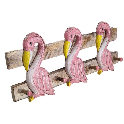 WorldBazzar Hand Carved Colorful Flamingo Birds Beach Towel Key Hanger Holder Surfboard Wooden Wall Hanging Art Sign Tiki Bar