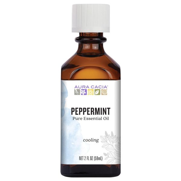 Aura Cacia Peppermint Essential Oil, 2-Ounce, Cools Skin, Fresh Minty Aroma, No Synthetic Fragrances, Color or Preservatives
