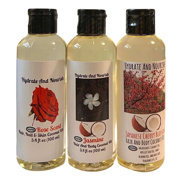 3 Pack Scented Body Oil Set. Jasmine, Rose, Japanese Cherry Blossom Coconut Oil for Hair Skin, & Nails. Fragrance Massage Oil. 3.4 Fl. Oz