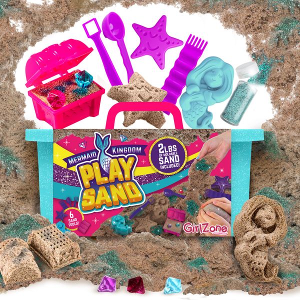 GirlZone Mermaid Treasures Play Sand Kit, 2lbs of Magic Sand for Kids Kit with Gems, Carry Case and More, Kids Toys for Playdates and Great Gift Idea