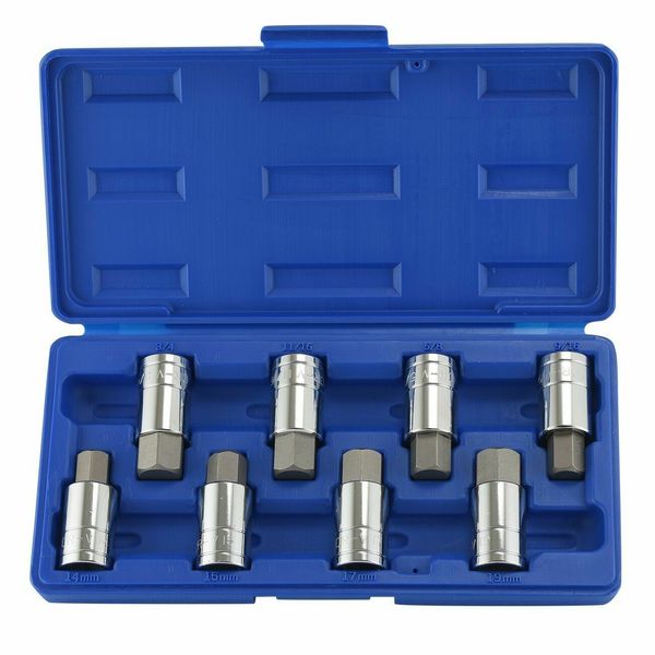 8PC JUMBO SIZE HEX BIT SOCKETS 1/2" DR SAE & METRIC TOOL SET CrV W/ CASE