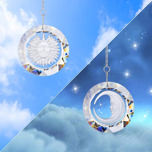 45mm Crystal Suncatcher Round Pendant Rainbow Maker for Home Car Decor (Moon and Sun)