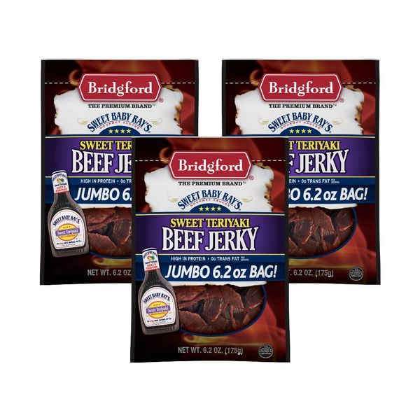 Bridgford Sweet Baby Ray's High Protein Beef Jerky, Low Carb Snack, Low Calorie, Keto Friendly, Sweet Teriyaki Flavor, 6.2 Oz, (Pack of 3)