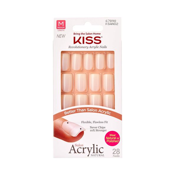 KISS Salon Acrylic Natural Collection, Euphoria, Medium Length Square Fake Nails Includes 28 False Nails, Nail Glue, Nail File, and Manicure Stick