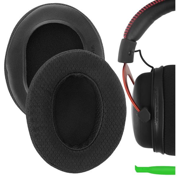 Geekria Comfort Mesh Fabric Replacement Ear Pads for HyperX Cloud II, 2, Mix, Alpha, Cloud Flight, Stinger, Revolver S Headphones Ear Cushions, Headset Earpads, Ear Cups Repair Parts (Black)