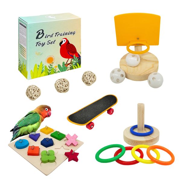 Bird Toys For Parakeets,5pcs Parrot Toys Set （Include Bird Basketball Toy、Bird Skateboard、Bird Stacking Toy、Parrot Wooden Block Puzzles Toy、Small Sepak Takraw）,Parakeet Toys、For Bird Training Toys12