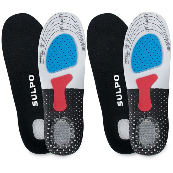 SULPO 2 pairs Plantar fasciitis insoles - Arch support insoles women and man - Orthotic insoles for work, sports, casual shoes - Shock Absorbing - Breathable - Trimmable - M / 3 UK Y - 6 UK W