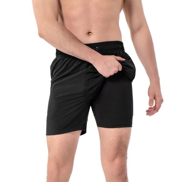 Qrity Men's Swim Trunks 2 in 1 with Compression Liner and Zipper Pocket, Quick Dry Beach Shorts, Suitable for Swimming, Surfing, Fitness, and Running, Black, S