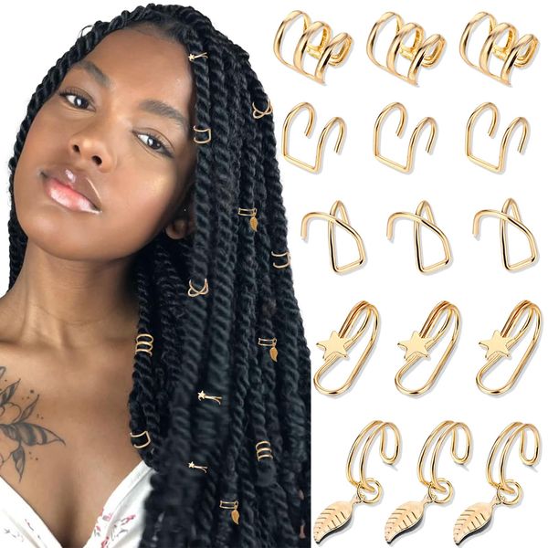 NAISKA 15PCS Hair Jewelry for Braids Loc Dreadlock Accessories Hair Charms Metal Alloy Braid Clips Non-Piercing Ear Cuffs Locs Jewelry for Women Men Hair Accessories Braid Jewelry Tools (Gold)