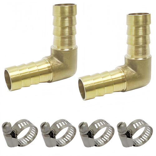 Closmos Brass Hose Barb Fitting 90 Degree Elbow 1/4" Barbed x 1/4" Barbed 90-Deg Right Angle 2pcs with 4pcs Hose Clamps