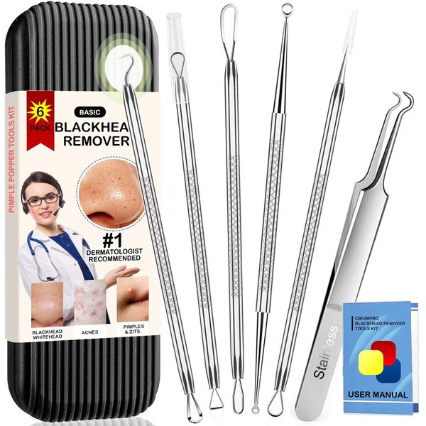 Blackhead Remover Tools, Blackhead Extractor, 6 Pack Pimple Popper Tool Kit for Removing Blackhead, Whitehead, Pimple, Acne, Zit, Comdone, Pores, Fat Granules on Nose, Face - with Organized Case