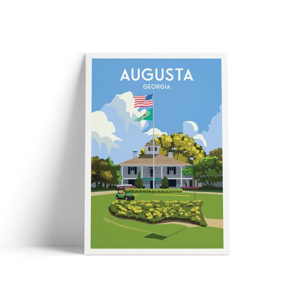 Augusta Golf Course Travel Poster | Illustrated Wall Art Print Featuring the 18th Hole & Clubhouse | A4 Size | Matt Poster Paper