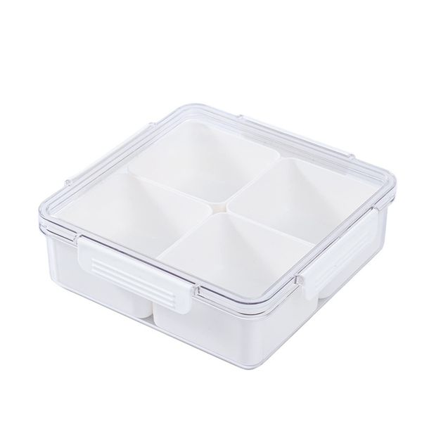 Qushy White Square Plastic Divided Serving Tray with Lid, 4 Compartments Snack Tray Serving Platter for Biscuits, Fruit, Veggie, Candies and Hot Pot