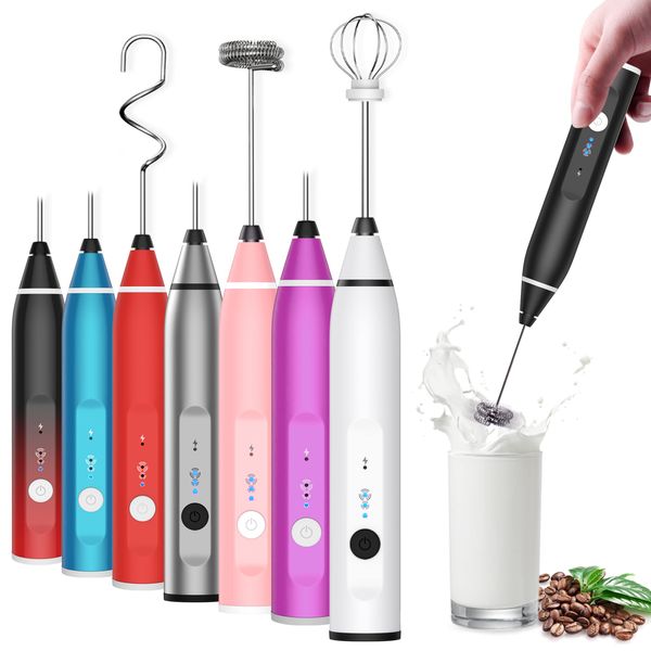 Laposso Milk Frother Rechargeable Handheld Electric Whisk Coffee Frother Mixer with 3 Stainless whisks 3 Speed Adjustable Foam Maker Blender for Coffee Matcha Latte Cappuccino Hot Chocolate Black