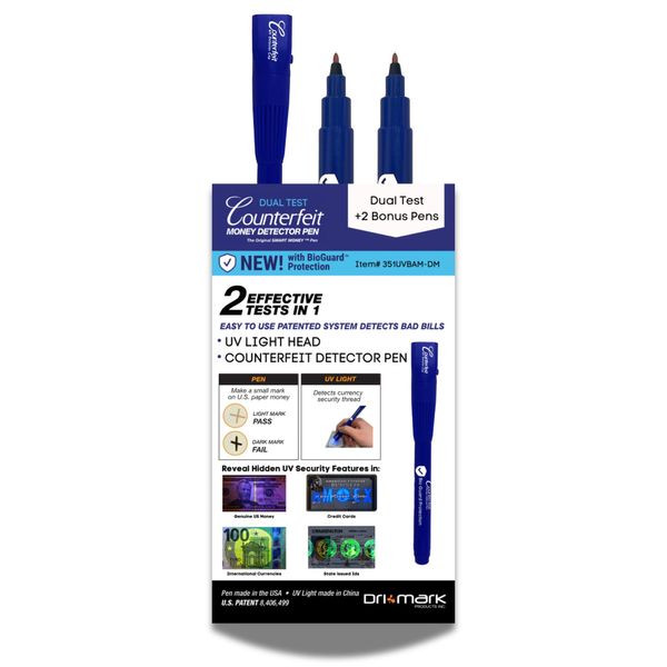 Dri Mark BioGuard Dual Test Counterfeit Money Detector Pen, UV Light Head Bonus Pack - Fake Money Bill Checker, Tests for Security Strips and Authentic Currency Paper, 1 UV Light/ 3 Pens