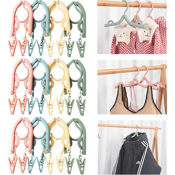 Folding Clothes Hangers with Clips, 12 PCS Portable Travel Coat Hangers, Plastic Travel Hangers Foldable, Foldable Space Saving Coat Hanger for Home Travel Outdoor Camping(4 Color)