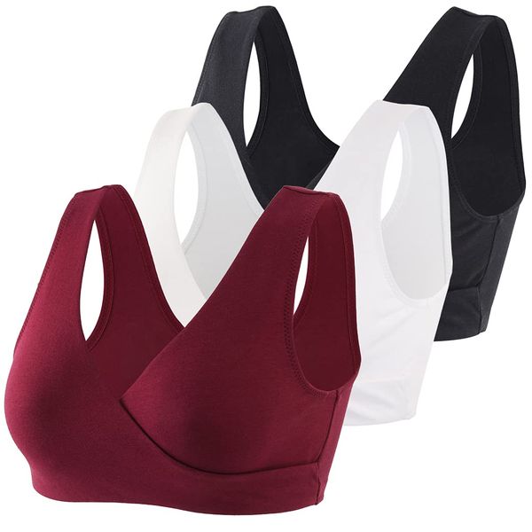 COLOMI Maternity Nursing Bra Wireless Cotton Breastfeeding Bra for Sleep (Black+White+Red Wine/3Pack, M, m)