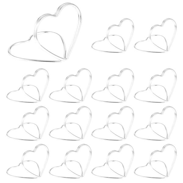 AIEX 48pcs Place Card Holder, Table Number Holders Heart Shape Small Size Table Card Holders Metal Wedding Seating Labels Placecard Clips Place Card Stands for Weddings Note Party (Silver)