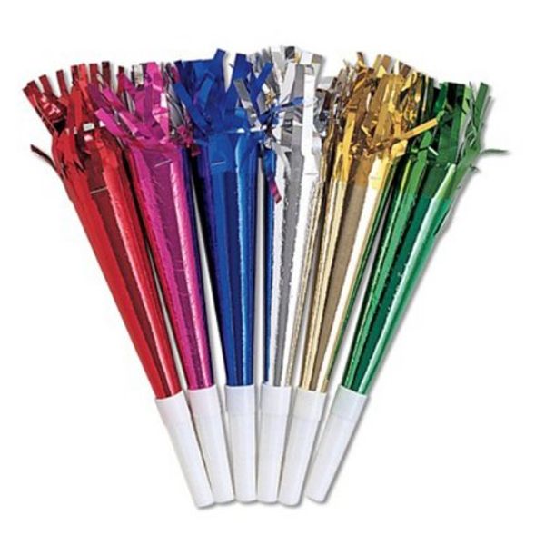 Pack of 96 Vibrant Metallic Colored Party Noisemaker Horns with Fringe 8.25"