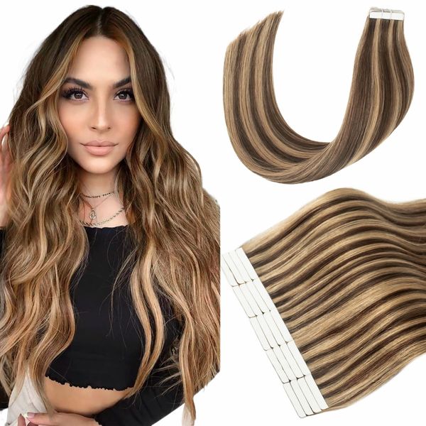 Hyssiet Invisible Tape In Hair Extensions Human Hair Chocolate Brown Highlighted Caramel Blonde 14Inch Remy Soft Seamless Double Side 20Pcs 50G Tape Cabello Humano Extensiones