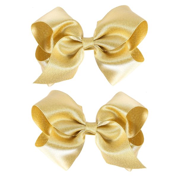 2 Pcs Big Shiny Glitter Light Gold Ribbon Hair Bows Alligator Clips 4" Hand-Made Christmas New Year Gift Wedding Party Dress Decor Accessories for Little Teen Toddler Girls Kids