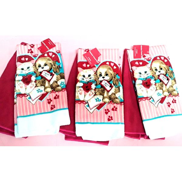 6 I WOOF You!  Cat& Dogs Valentine Dish Towels SOOO SOFT!