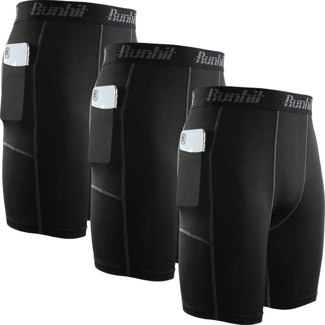 Runhit Men's Compression Shorts with Pockets(3 Pack),Tights Spandex Shorts Workout Underwear for Men Running Workout Athletic