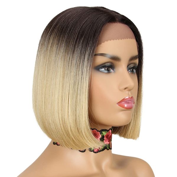 NOBLE Blonde Ombre Bob Wigs for Women Short Straight T Part HD Lace Front Wigs 150% Density Blunt Cut Bob Wig Heat Resistant Synthetic Ombre Blonde Bob Wigs for Daily Party Use 10 inches