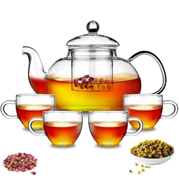 Kyraton 1000ml Glass Teapot with Removable Infuser & Blooming and Loose Leaf Tea Maker and 4 Glass Teacups Set, Stovetop & Microwave Safe Tea Kettle.