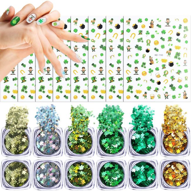 Saint Patrick's Day Nail Decals Set Includes 744 Pieces Nail Decals Self-Adhesive Nail Art Stickers and 12 Boxes Clover Nail Sequins Nail Glitters DIY Nail Decorations for Women Girls (Single Clover)