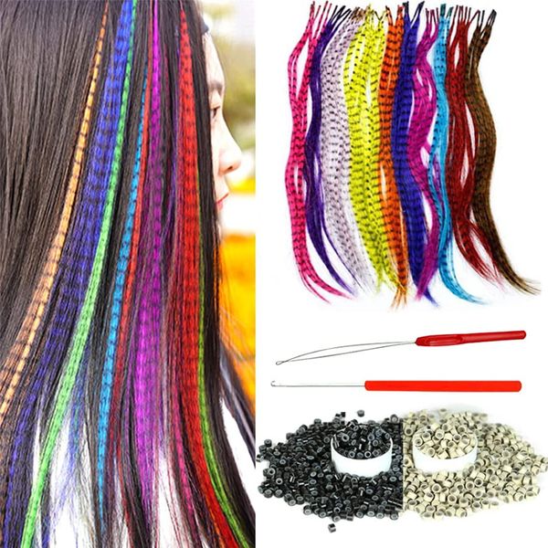 YUDAOHAIR 13Pcs Synthetic Feather Hair Extensions for Women 20Inch Hairpieces With 100pcs Silicone Micro link Beads And 2 Crochet Hooks Hair Feathers with Tools Kit (20'', 13 feather mix colors)