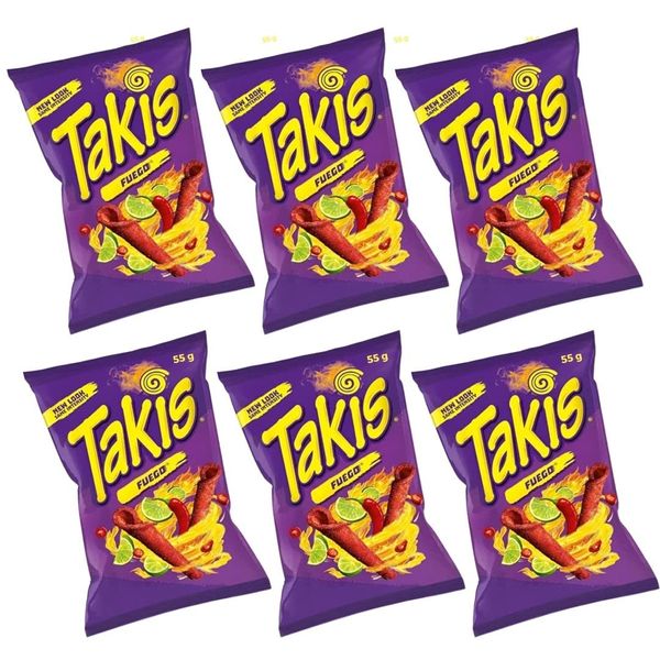 Takis Fuego 55g (PACK OF 6) - Takis Fuego Chilli Pepper and Lime Corn Chips - UK product - Multipack]